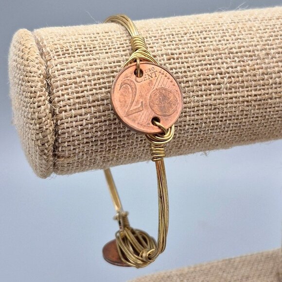 Bourbon & Bowties Gold Tone Bangle Bracelet 2 Cent Euro Coins Wire Wrap Unique - Picture 2 of 5
